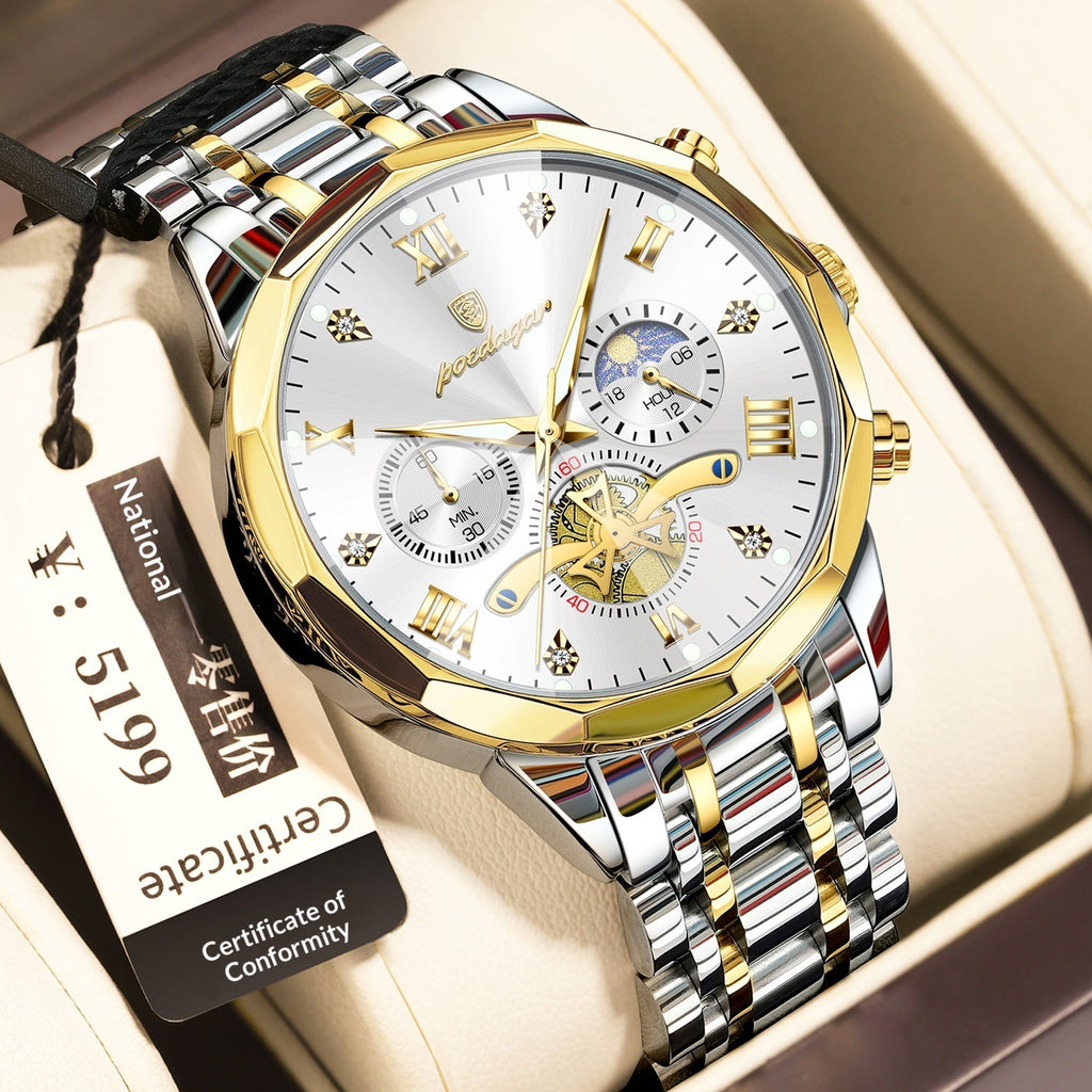 Waterproof Multifunctional Quartz Watch for Men with Stainless Steel Strap