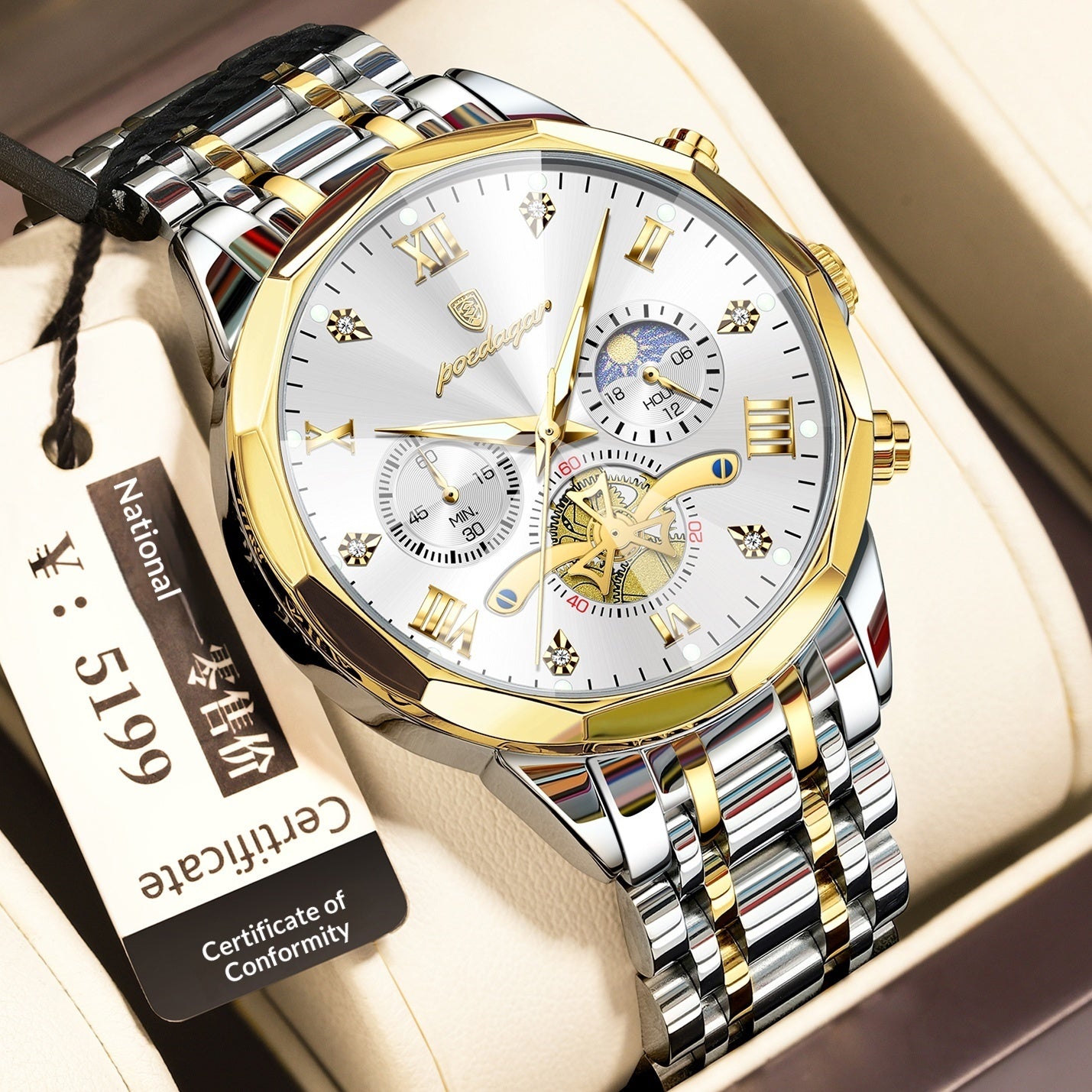 Waterproof Multifunctional Quartz Watch for Men with Stainless Steel Strap