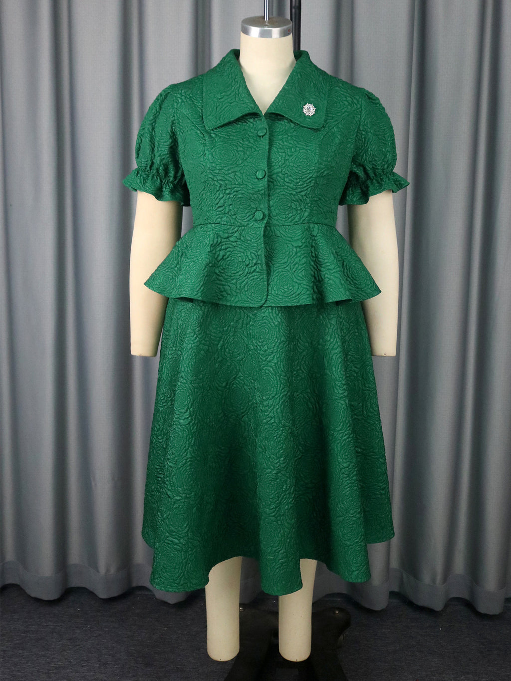 Dark Green Jacquard Lapel Button Ruffled Belly-Covering Dress