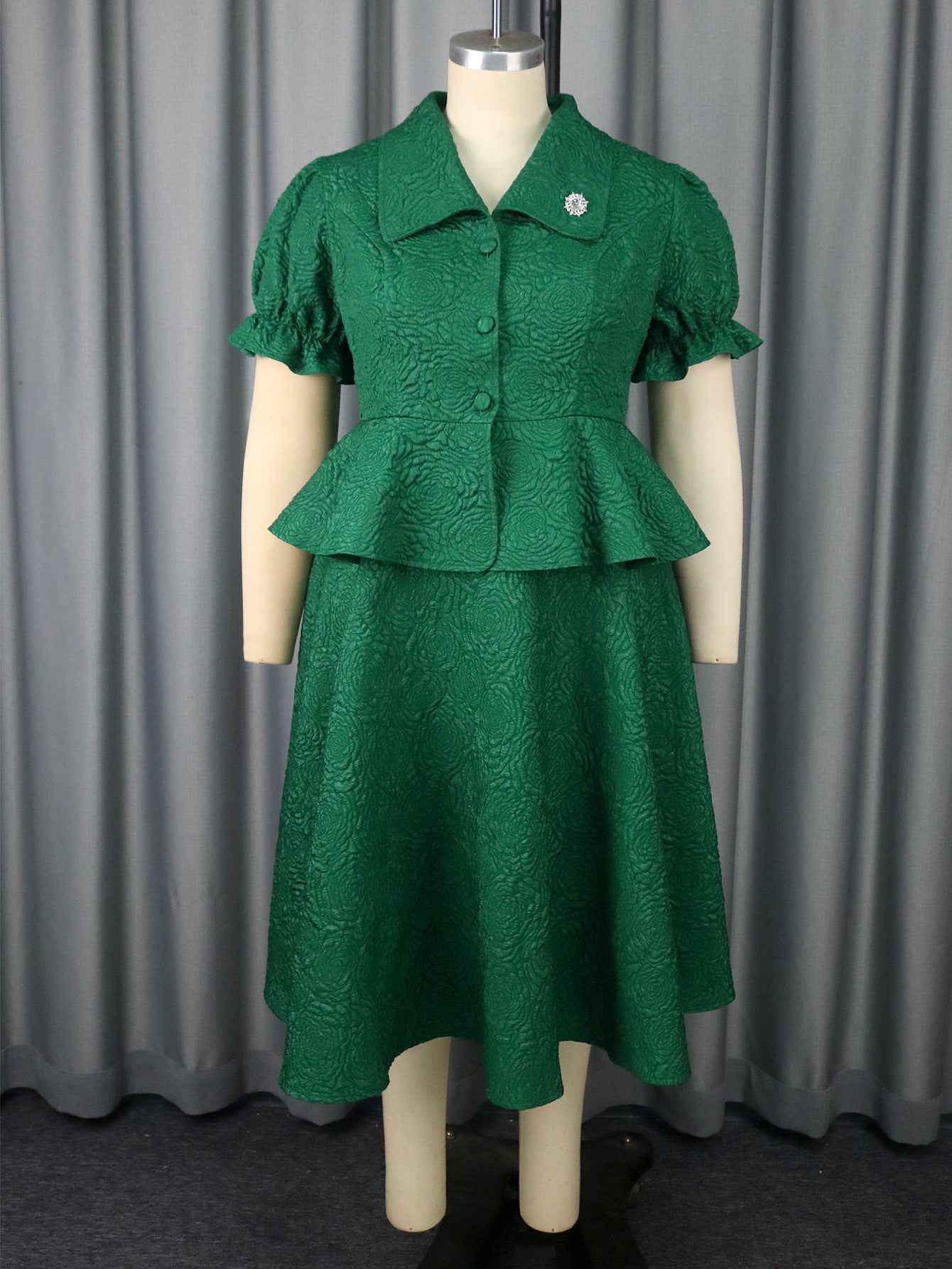 Dark Green Jacquard Lapel Button Ruffled Belly-Covering Dress