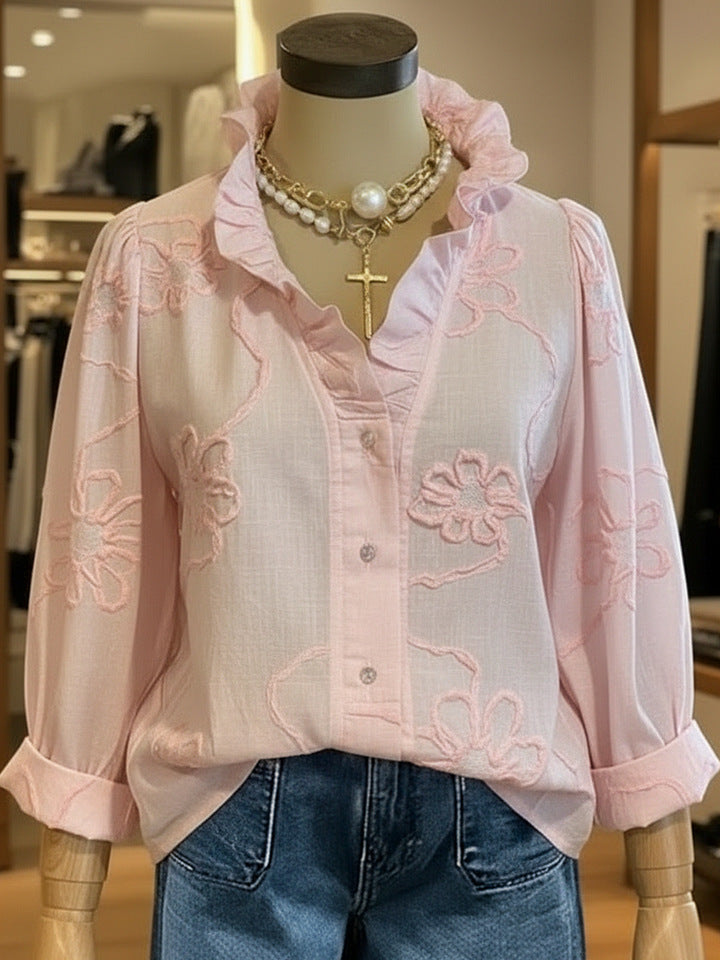Chemisier en coton et lin brodé de dentelle