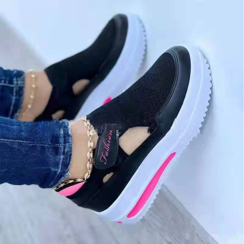 Chaussures décontractées respirantes à semelle épaisse et à scratch, color block, pour femme
