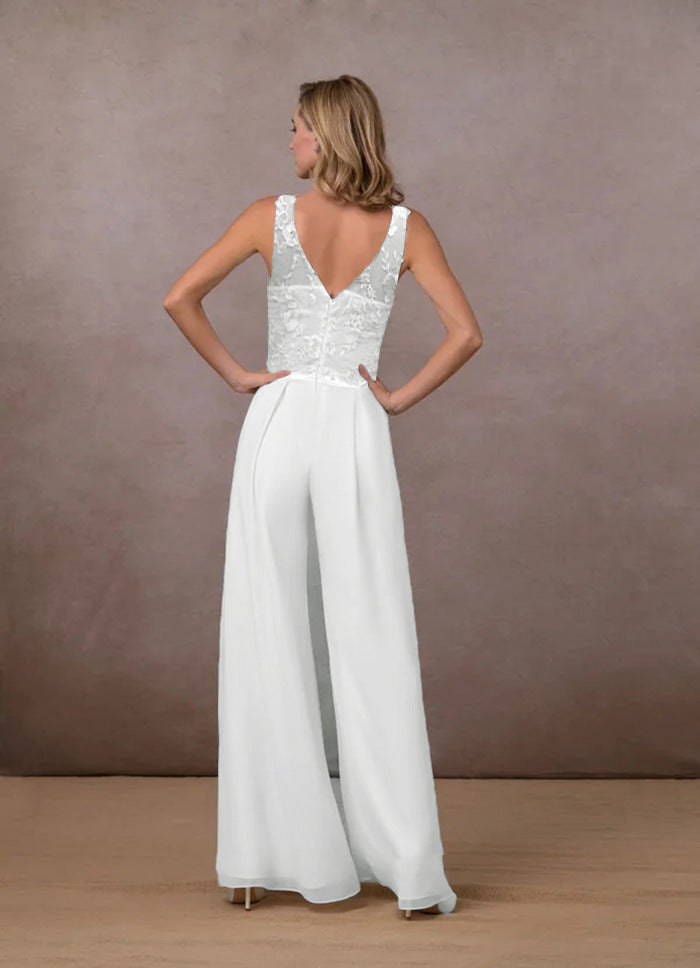 Women's White Mid-Waist Sleeveless V-Neck Wide-Leg Chiffon Jumpsuit