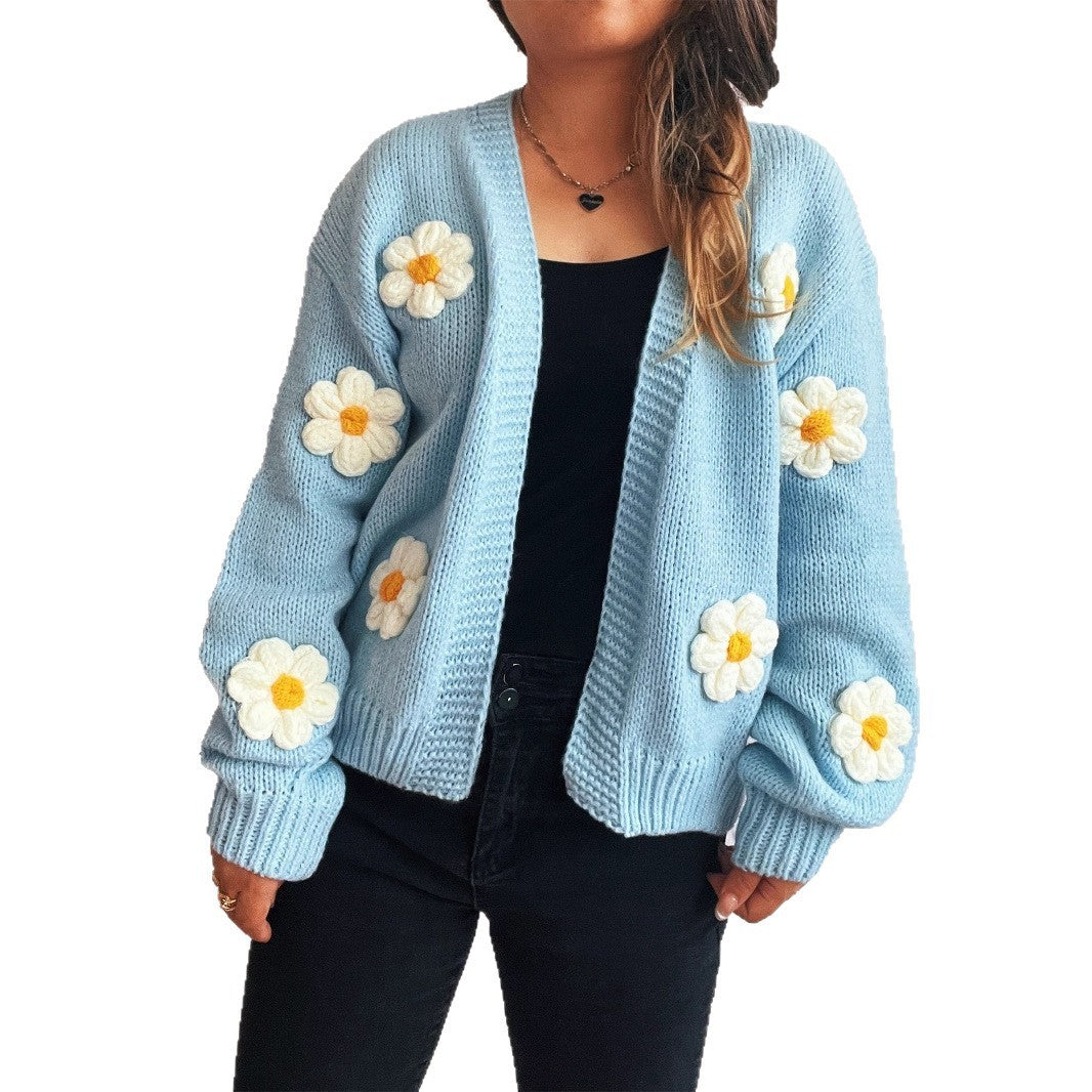 Casual Knitted V-neck Stitching Flower Cardigan Sweater