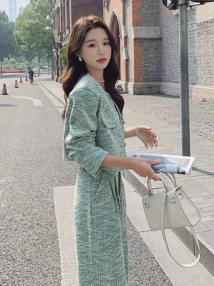 Green Acrylic Casual Suit for Women Autumn Flight Sleeve S-XL