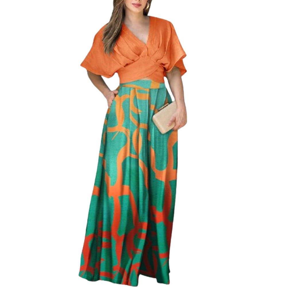 Women's Summer Printed Two-Piece Suit Short Sleeve Top & Pocket Trousers