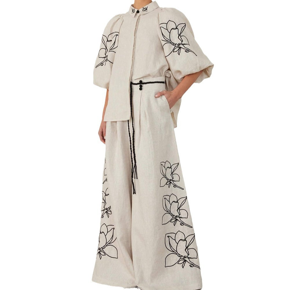 Cotton Linen Embroidered Wide-Leg Pants Suit with Puff Sleeve Top