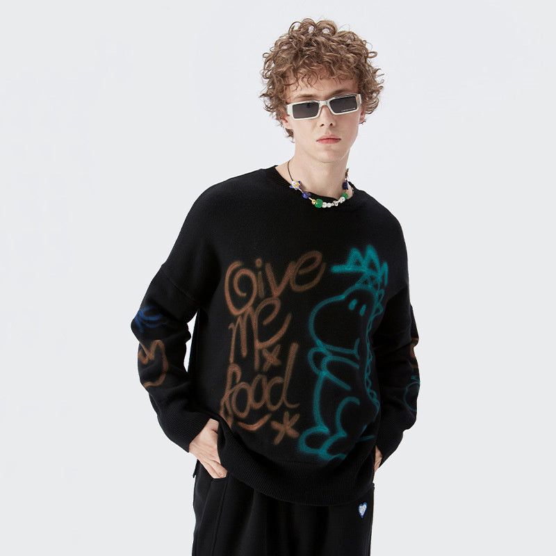 Men's Graffiti Print Loose Knit Sweater in Black & Apricot