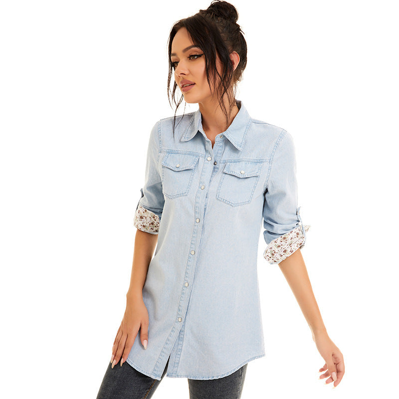 Veste-chemise mi-longue en jean pour femme avec broderies florales