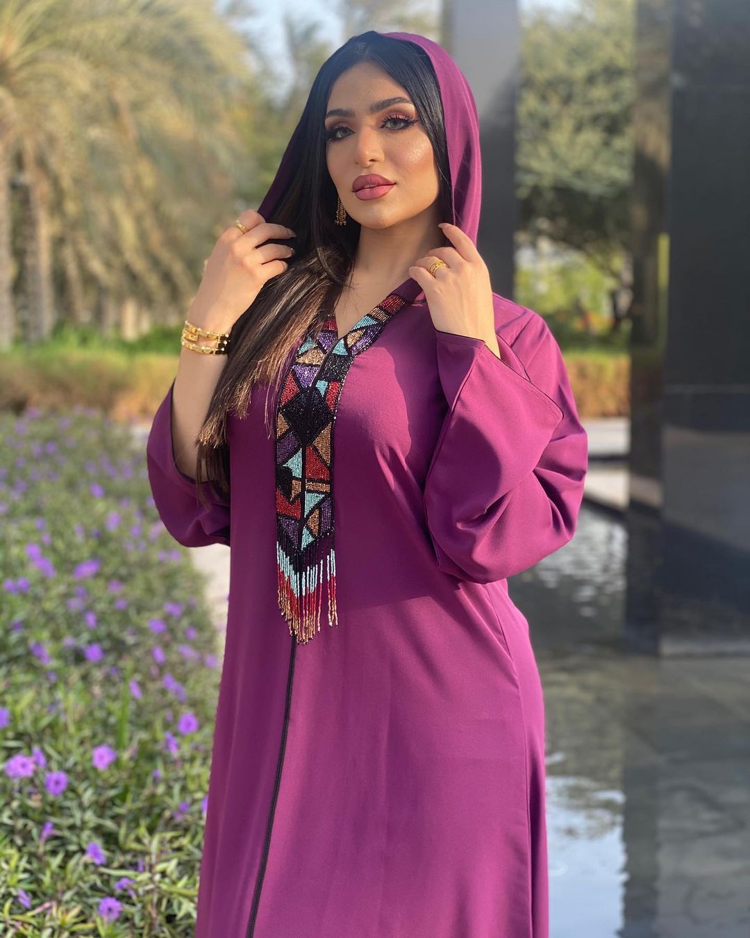 Hooded Robe Purple Abaya Dress With Diamond Tassels Women