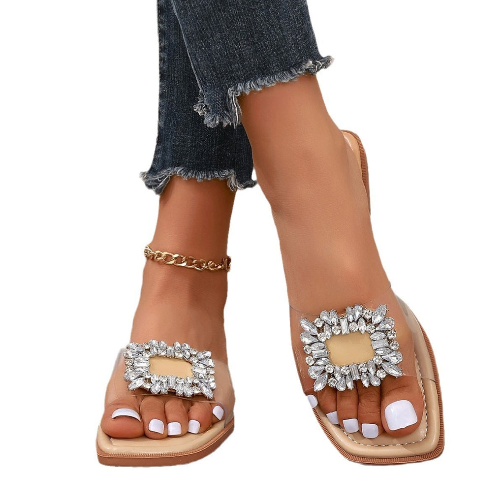European & American Rhinestone Transparent Flat Sandals Large Size