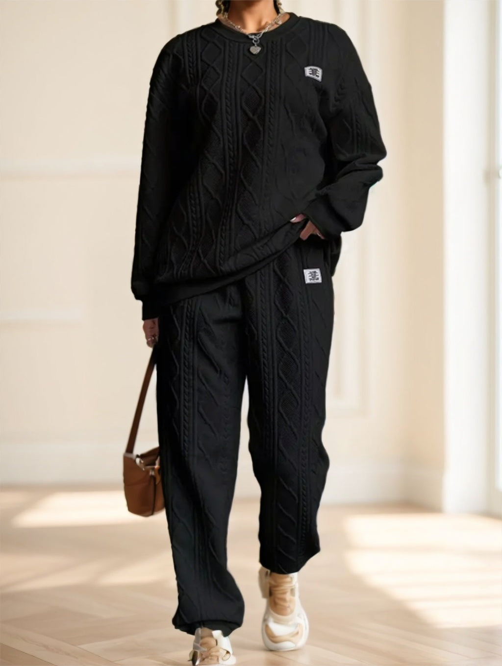 Casual Patch Cable Textured Pants Set, Long Sleeve Crew Neck Sweatshirt