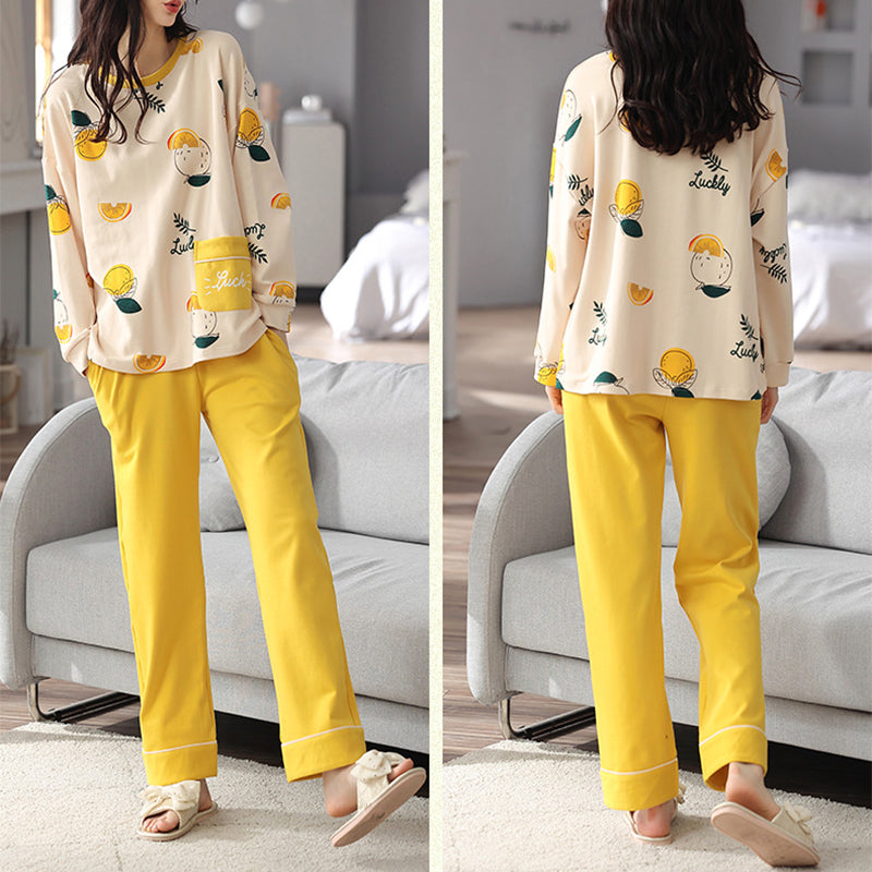 Ensemble de pyjama en coton mélangé imprimé ample pour femme - Haut à manches longues et pantalon - Vêtements de nuit et de détente pour automne et hiver