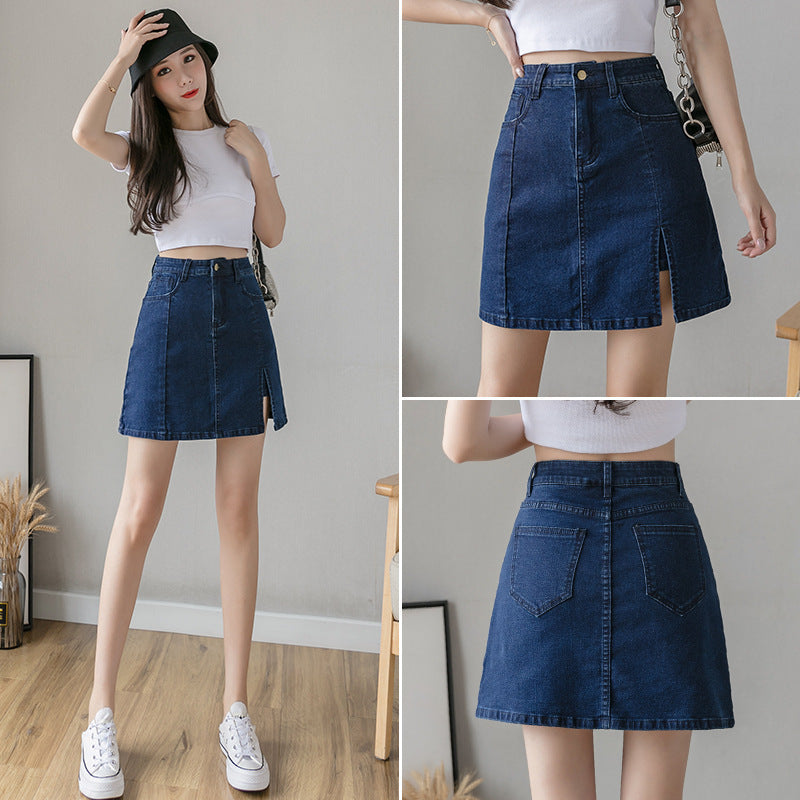 High Waist Slit Anti-exposure Denim Skirt A- Line Sheath Skirt