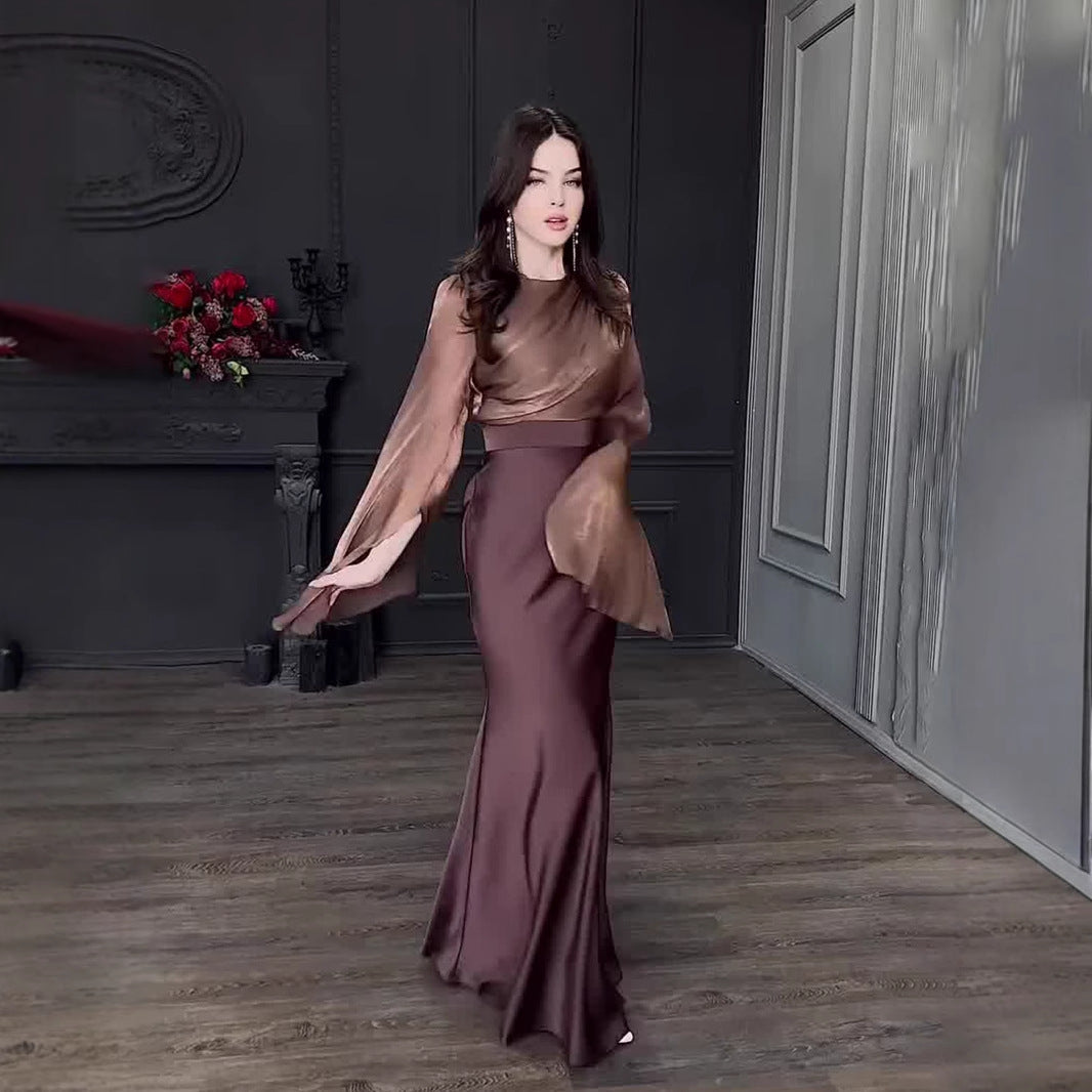Satin Slim Fit Dress with Large Batwing Sleeves and Stitching Glass Yarn