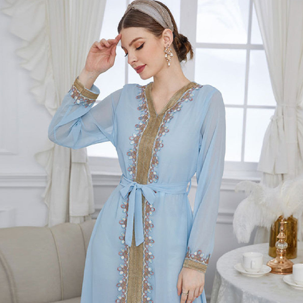 Solid Color Lace Patchwork Receive Waist Chiffon Blue Dress For Women