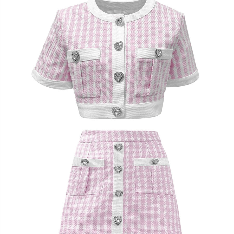 Ensemble à carreaux Little Chic avec boucle en strass roses