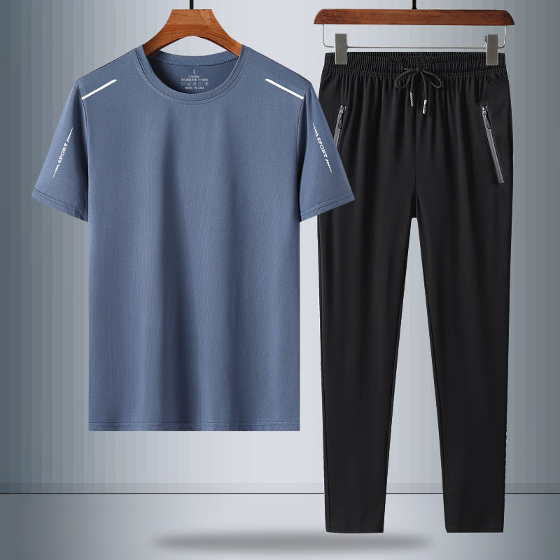 Men's Ice Silk Quick-Dry Two-Piece T-Shirt & Trousers Set