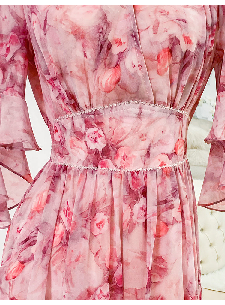 Women's Pink Floral High Waist Chiffon Dress