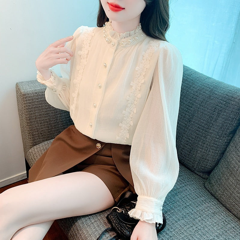 Apricot Pearl Lace Pleated Long Sleeve Shirt with Stand-Up Collar