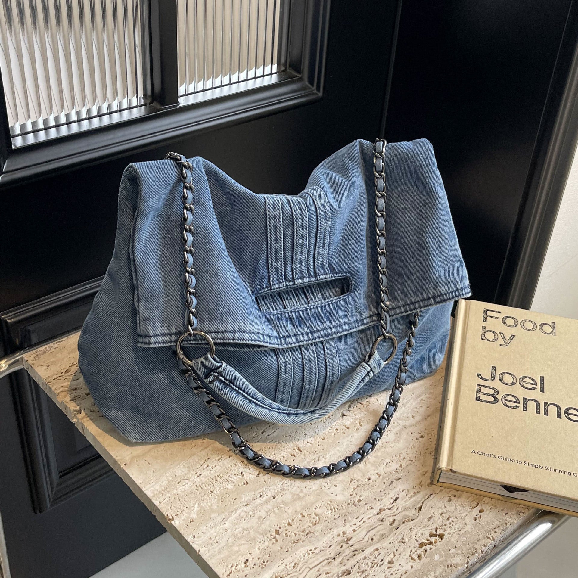 Denim Simple Shoulder Messenger Bag with Chain Detail