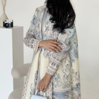 Pleated Trench Djellaba Printed Shawl Cardigan Ethnic Cloak Coat for Middle East Women