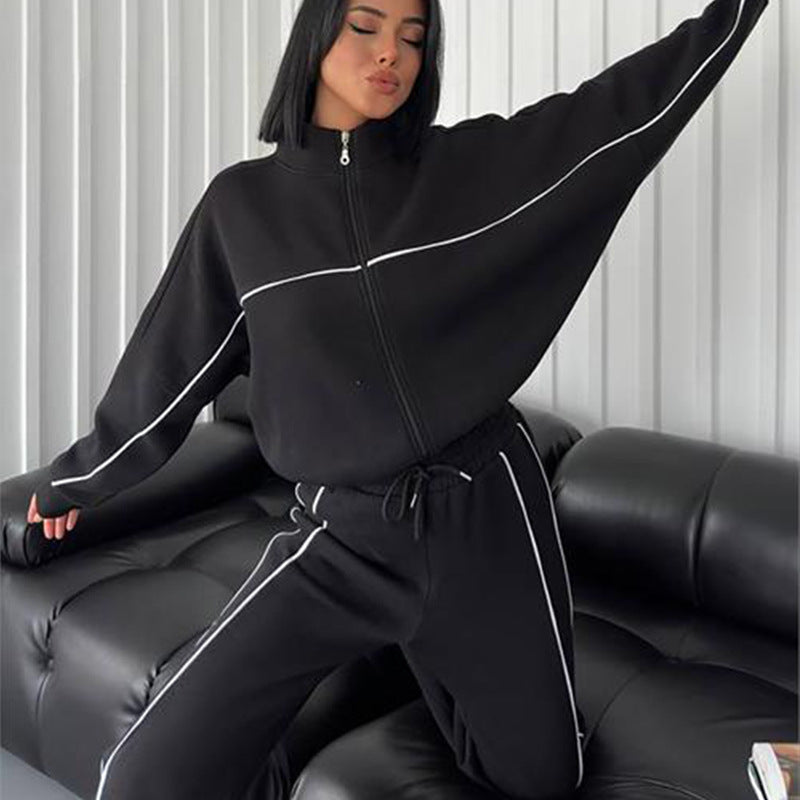 Women's Long Sleeve Half Turtleneck Cardigan Suit with Trousers
