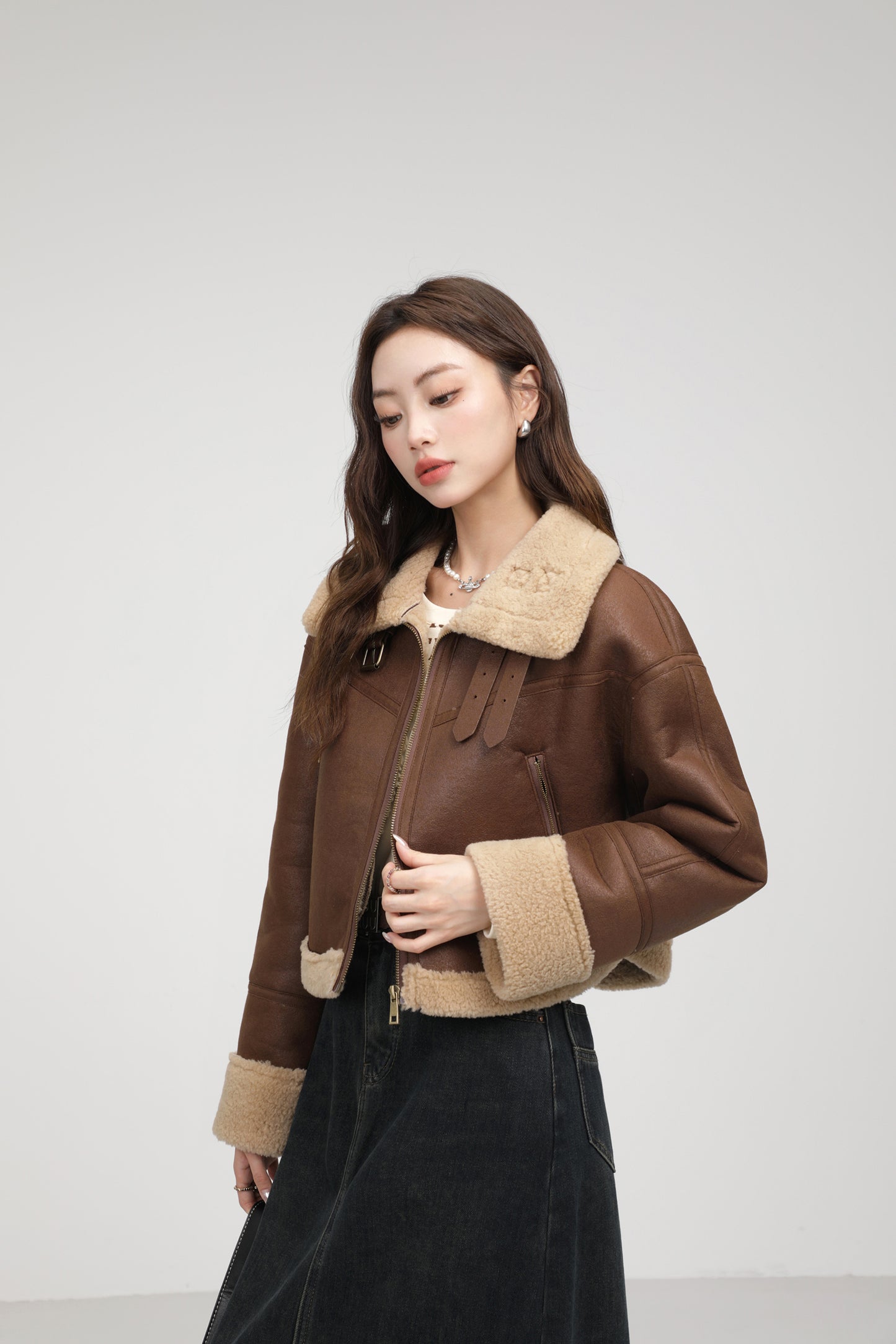 Stand Collar Integrated Lamb Fur Short Coat in Black & Coffee with Zipper Closure
