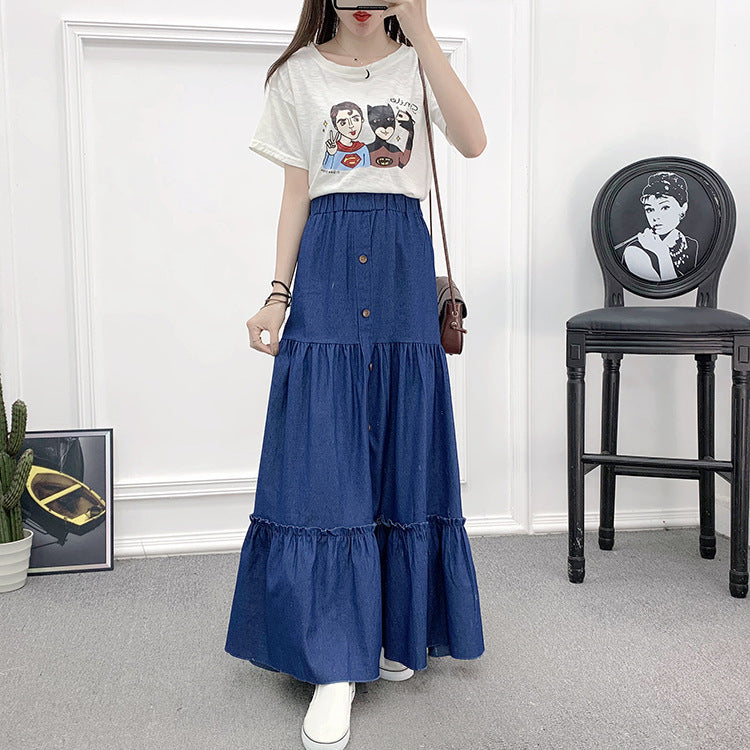 Vintage Minimalist High Waist A-Line Denim Skirt in Light & Deep Blue