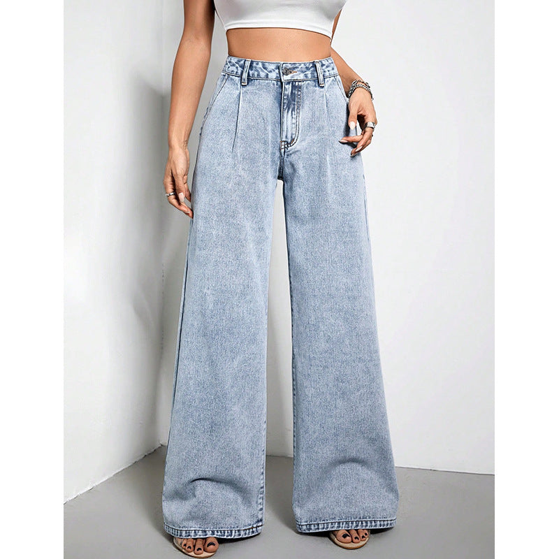 Women's Wide Leg Loose Blue Denim Trousers