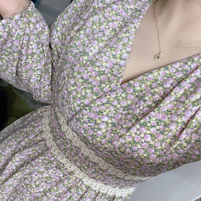 Robe trapèze fleurie pour femme avec col français et taille marquée