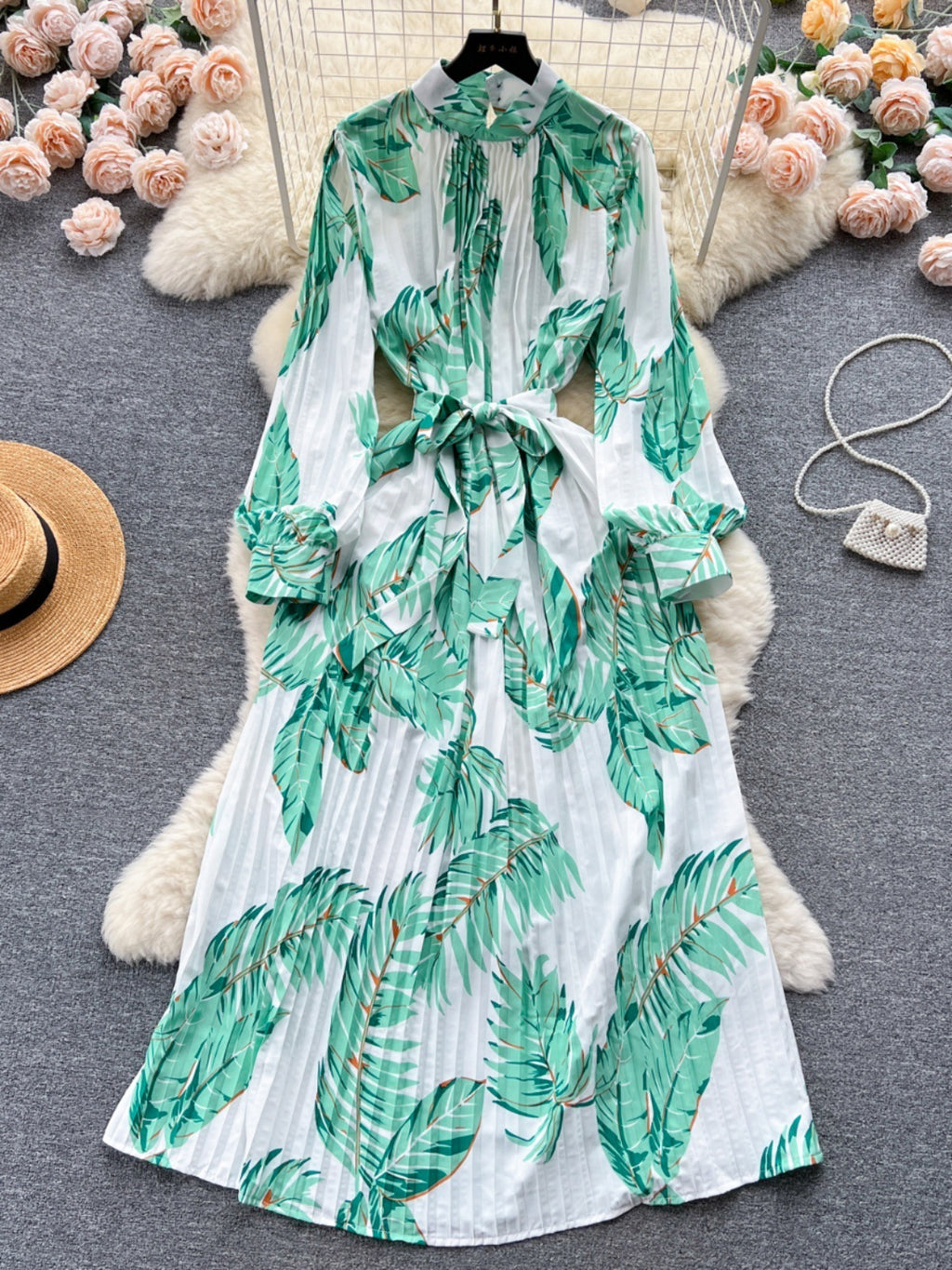 Stand Collar Long Sleeve Printed Chiffon Dress with Lace-Up Cinched Waist and Pleated Skirt