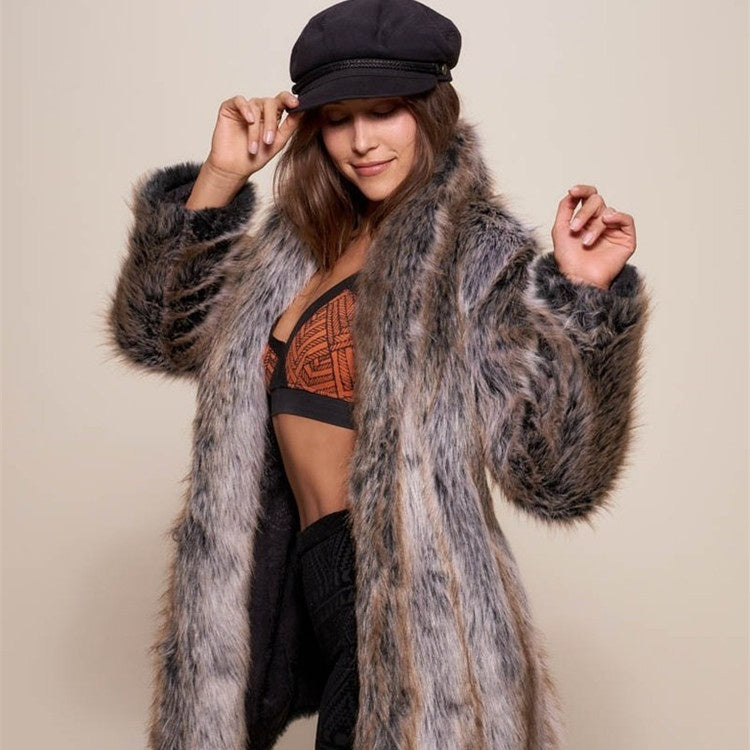 Manteau mi-long en fausse fourrure pour femme, style urbain