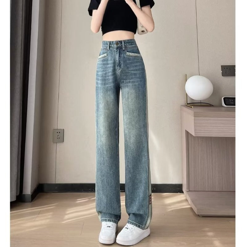 Jeans d'été en coton bleu coupe droite amples style rétro pour femme