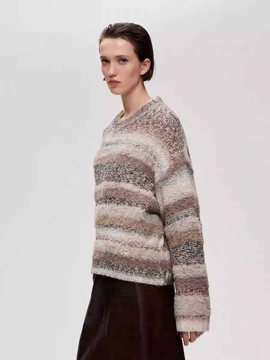 Gradient Striped Round Neck Drop Shoulder Loose Knit Sweater