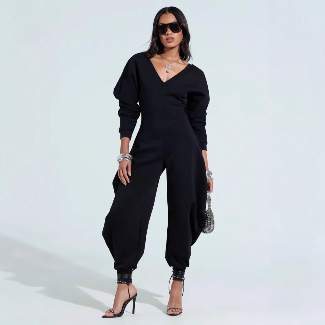 Sexy Long-Sleeve V-Neck Bodycon Jumpsuit