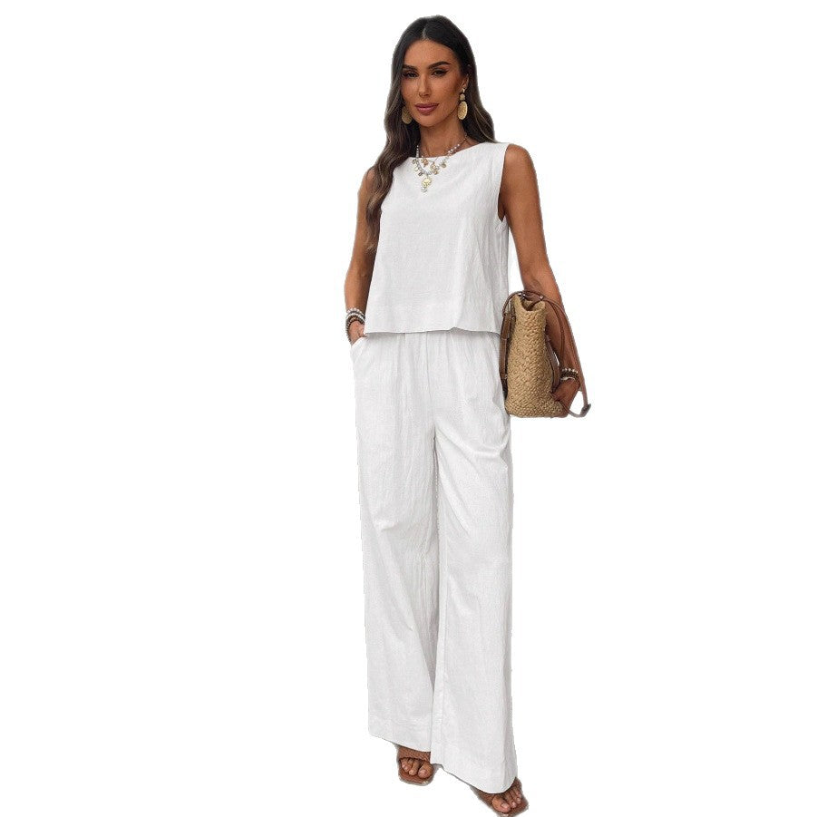 Cotton Linen Sleeveless Tank Top & High-Waisted Loose Straight-Leg Pants Set