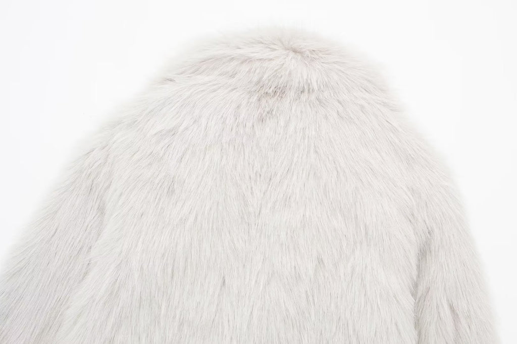 Women's White Artificial Fur Warm Three-Quarter Thick Coat