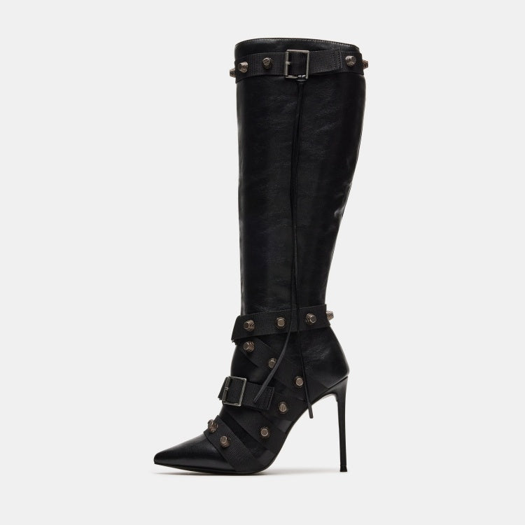 Metal Leather Pointed Stiletto Heel High Leg Boot with Rivets