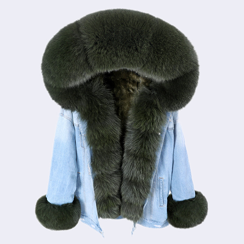 Denim Style Coat with Detachable Rabbit Hair Liner and Fur Collar