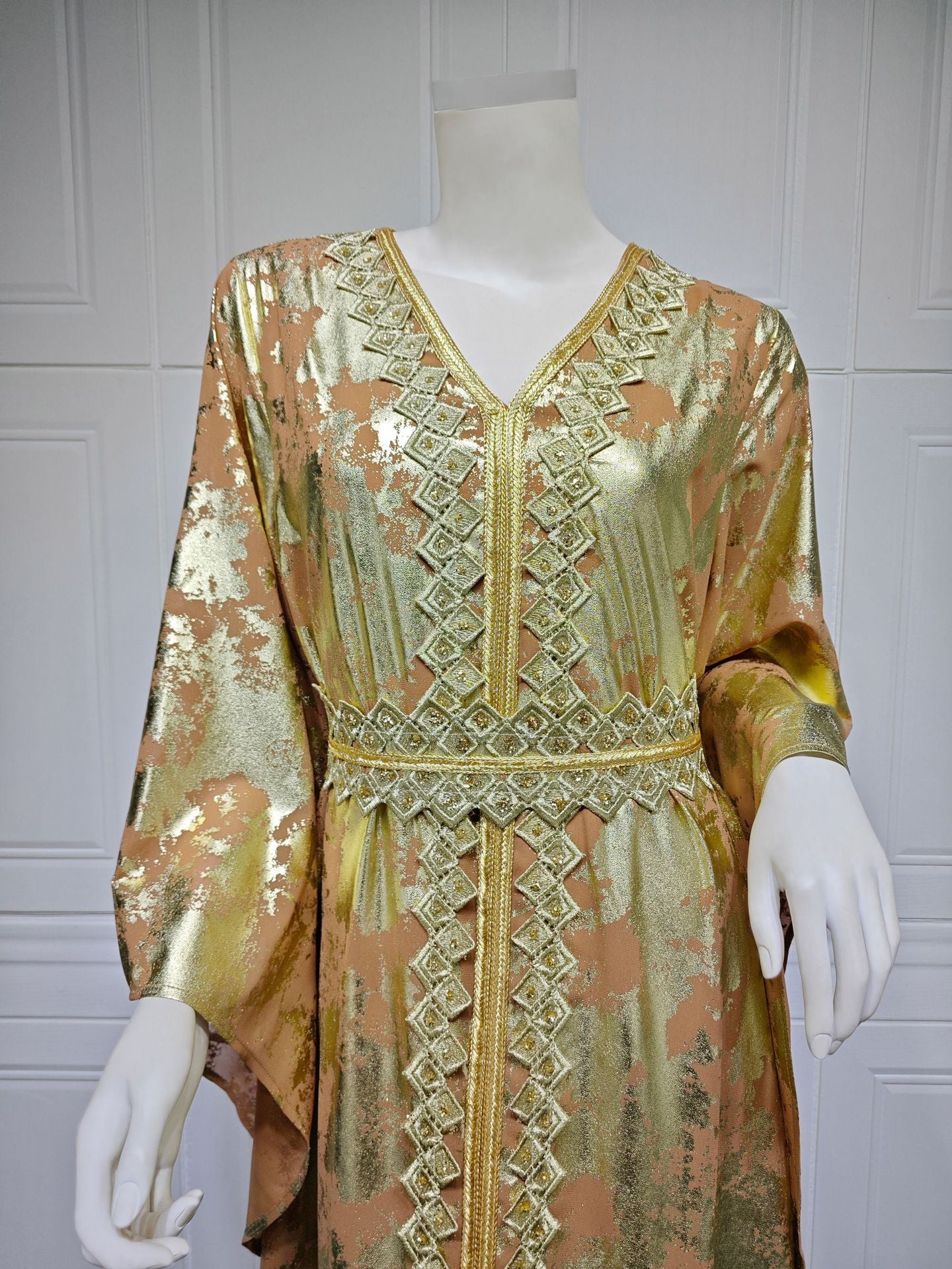 Muslim Chiffon Bronzing Long Sleeve Robe with Belt Dress