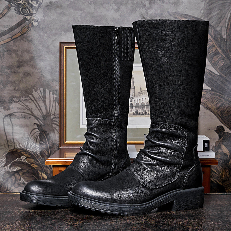 Bottes montantes zippées à plateforme en cuir de vachette noir pour homme