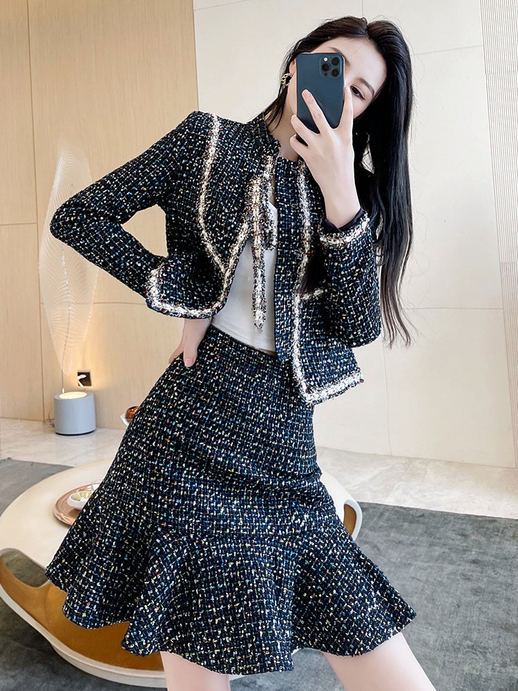 Ladies Black High Waist Short Coat and Skirt Suit Polyester Casual