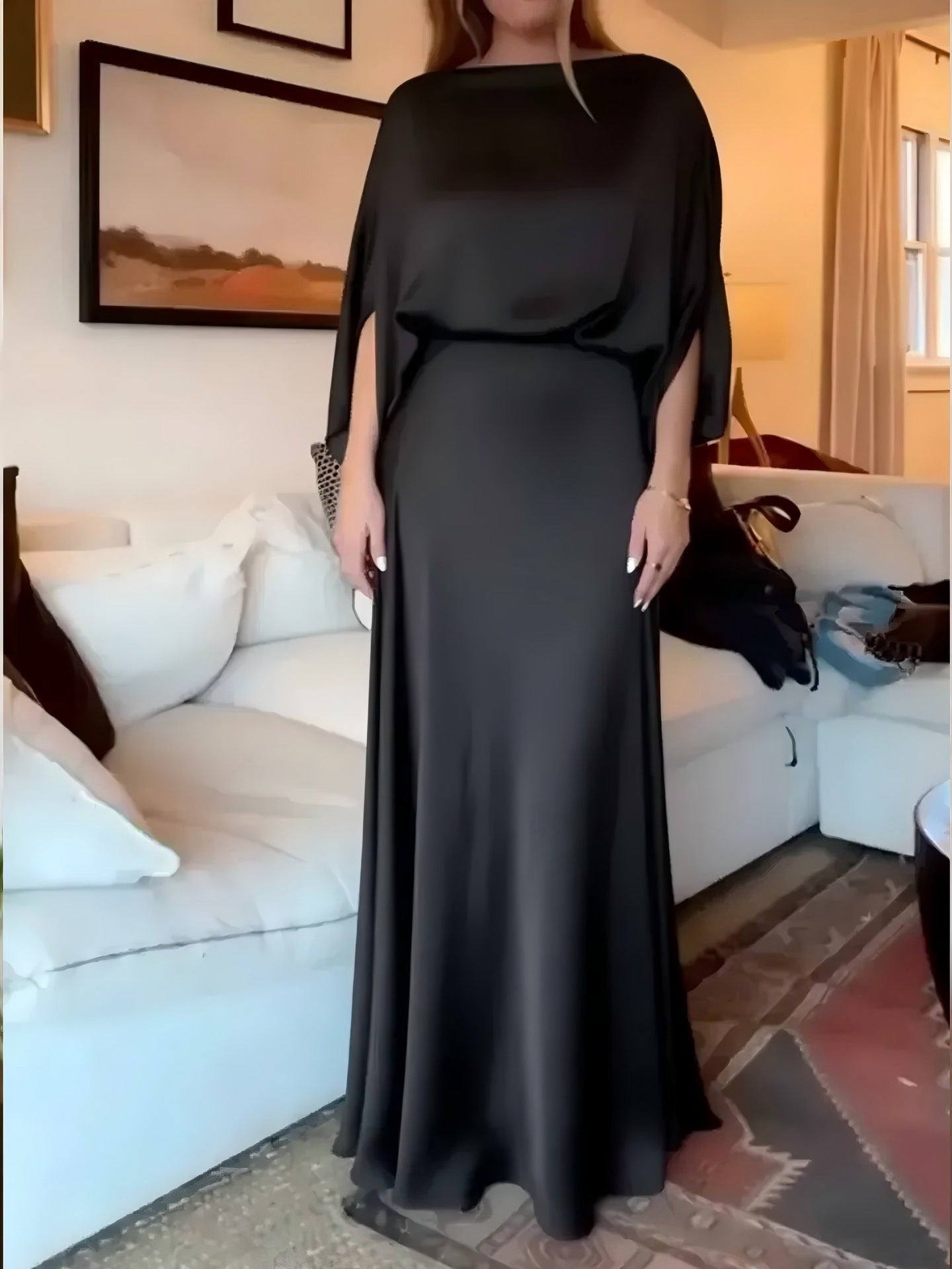 Sleek Solid-Color Satin Long Dress with Bishop Sleeves for Arabian Nights