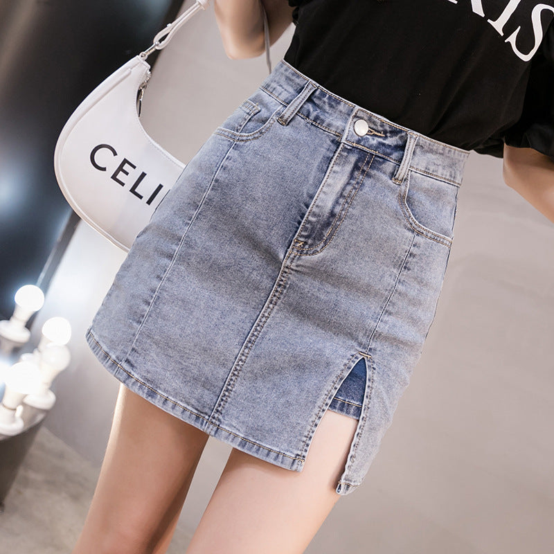 High Waist Slit Anti-exposure Denim Skirt A- Line Sheath Skirt