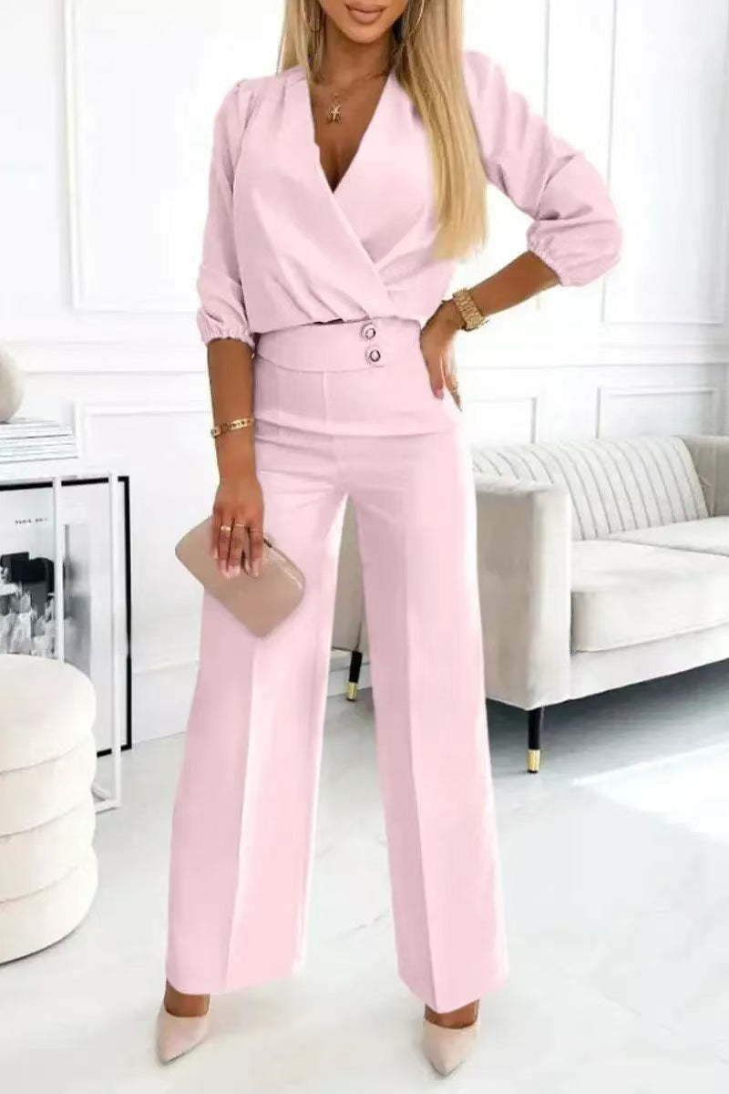 Women's Solid Color And V-neck Two-button 2-piece Trousers Suit