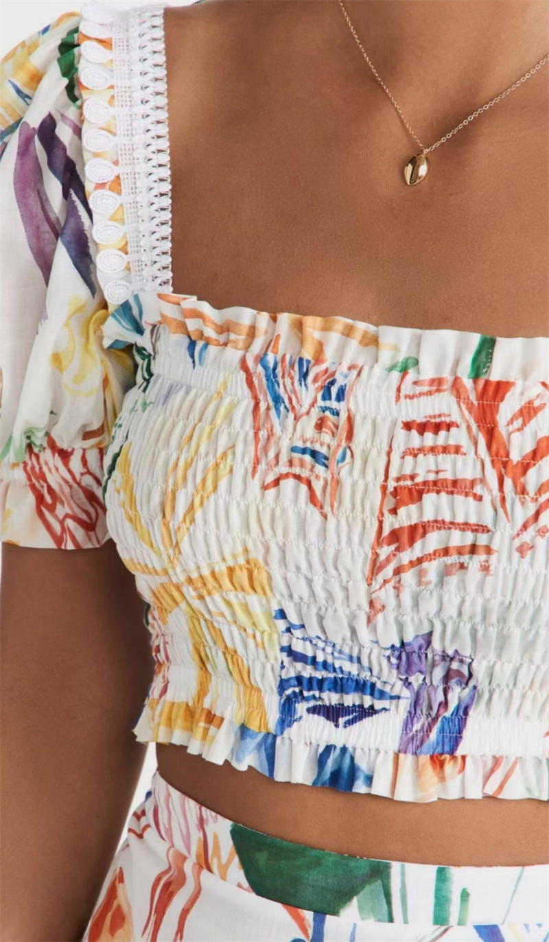 Women's Printed Square Neck Puff Sleeves High Waist Slim Top Skirt Set
