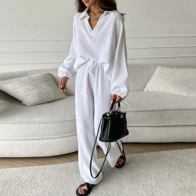 Ensemble élégant haut et pantalon décontracté en polyester pour femme, disponible en plusieurs coloris