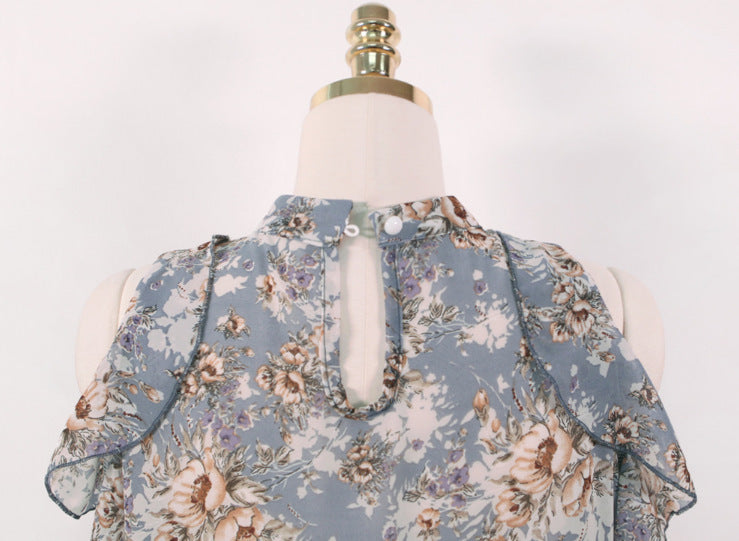 Women's One-Shoulder Western Style Chiffon Top Slim Fit V-Neck Blue Beige S-XL