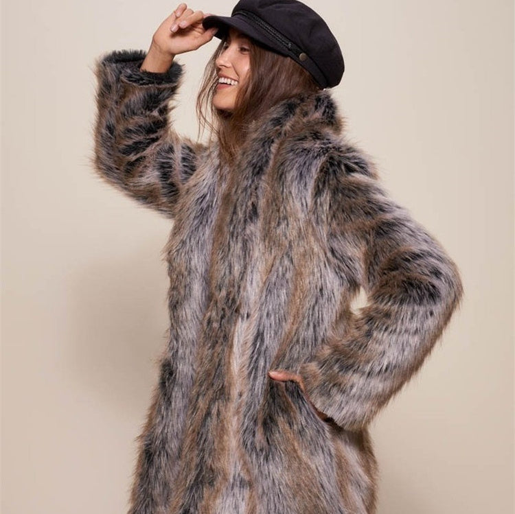 Manteau mi-long en fausse fourrure pour femme, style urbain